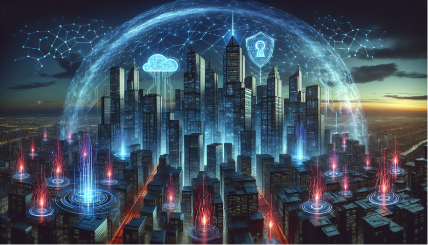 Futuristic city skyline protected by a blue, sci-fi-style energy shield dome.