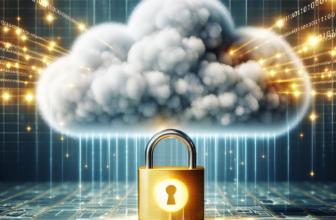 An illustration of a secure padlock in front of a cloud icon, symbolizing data protection in public cloud services. Streams of binary code flow into the cloud, representing data transfer, with a glowing lock highlighting the concept of security.