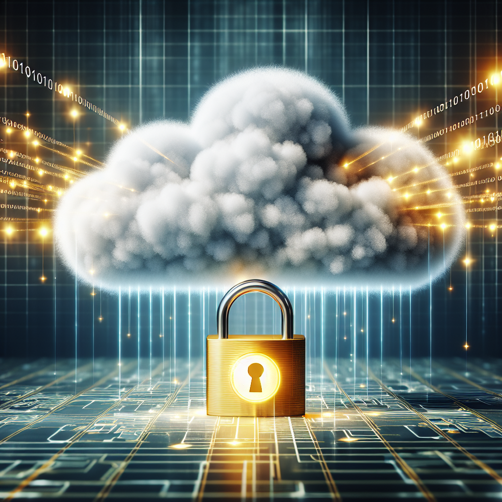 An illustration of a secure padlock in front of a cloud icon, symbolizing data protection in public cloud services. Streams of binary code flow into the cloud, representing data transfer, with a glowing lock highlighting the concept of security.