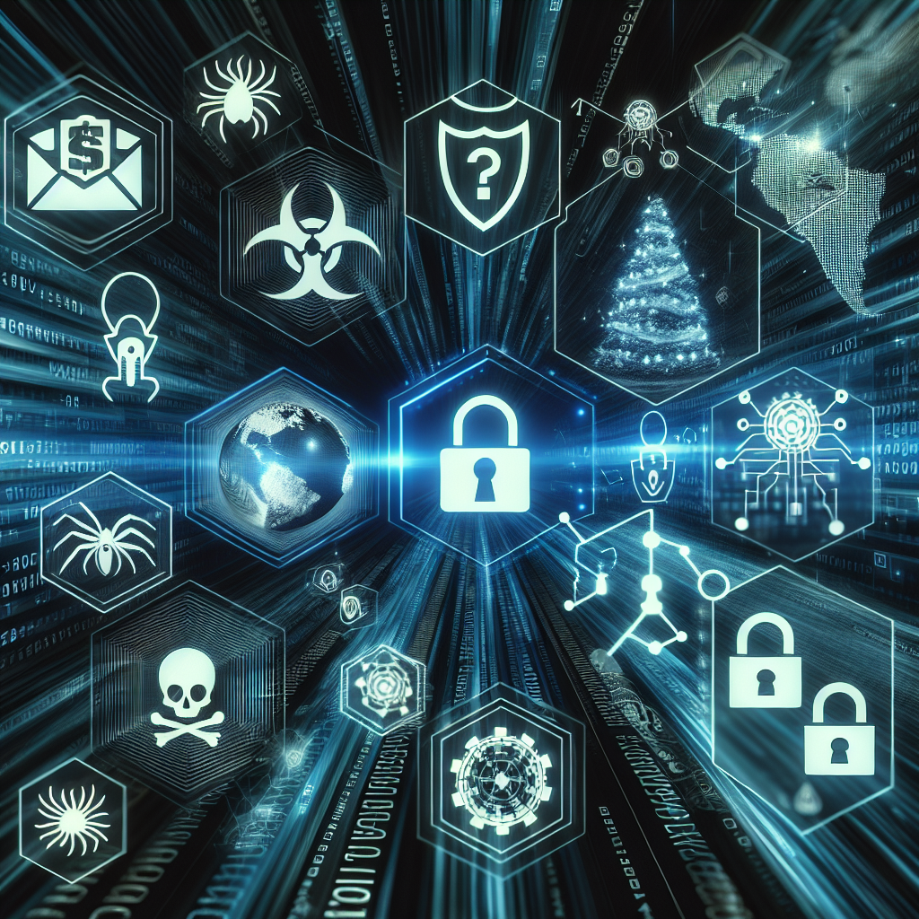 An illustration depicting various cybersecurity threats, including malware, phishing, ransomware, and DDoS attacks, symbolizing the importance of digital security in the modern age.