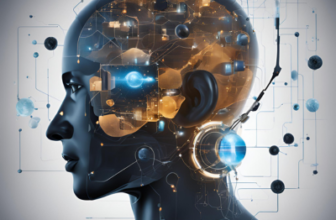 A digital representation of a human head with a transparent view, showcasing a futuristic, AI-driven brain filled with circuits, data nodes, and neural connections. The design highlights advanced technology and artificial intelligence processes within the human mind.