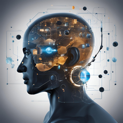 A digital representation of a human head with a transparent view, showcasing a futuristic, AI-driven brain filled with circuits, data nodes, and neural connections. The design highlights advanced technology and artificial intelligence processes within the human mind.