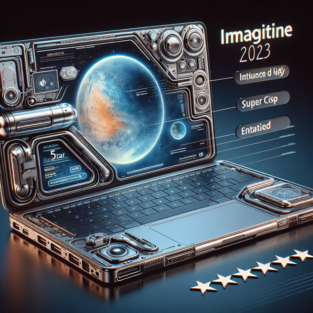 This image shows a futuristic laptop with a highly stylized, sci-fi design. The screen displays a detailed planet with a glowing atmosphere, accompanied by sleek, metallic user interface elements that look advanced and high-tech. Labels such as "Imagitine 2023," "Super Cisp," and "Entaticd" are seen floating around the screen, adding to the high-tech feel. The laptop is surrounded by intricate machinery, buttons, and gadgets, with a prominent 5-star rating at the bottom right corner, suggesting it's a highly-rated device. The overall aesthetic is very futuristic and advanced, with a mix of cybernetic and space themes.