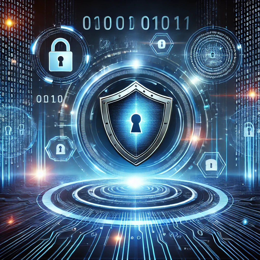 A futuristic digital landscape with a shield icon at the center, surrounded by glowing locks, binary code, and security icons, representing cybersecurity defense.