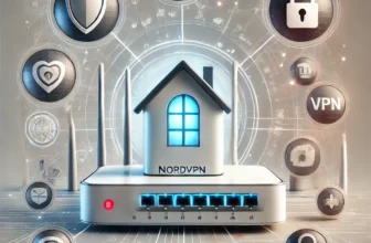 A modern home router surrounded by digital security icons, showcasing enhanced internet security with NordVPN.