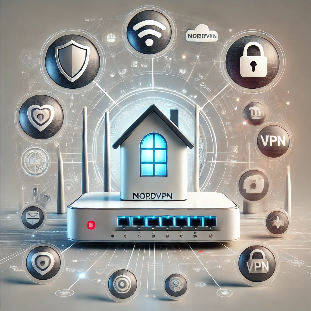 A modern home router surrounded by digital security icons, showcasing enhanced internet security with NordVPN.