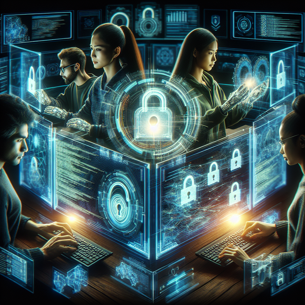 An illustrative representation of cybersecurity concepts, showcasing symbols of data protection, digital security tools, and an individual navigating through cyber threats, emphasizing the importance of cybersecurity skills during Cybersecurity Month.