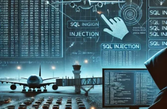 Graphic illustrating the impact of SQL injection on airport network security.