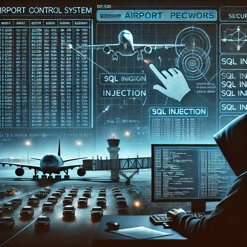 Graphic illustrating the impact of SQL injection on airport network security.