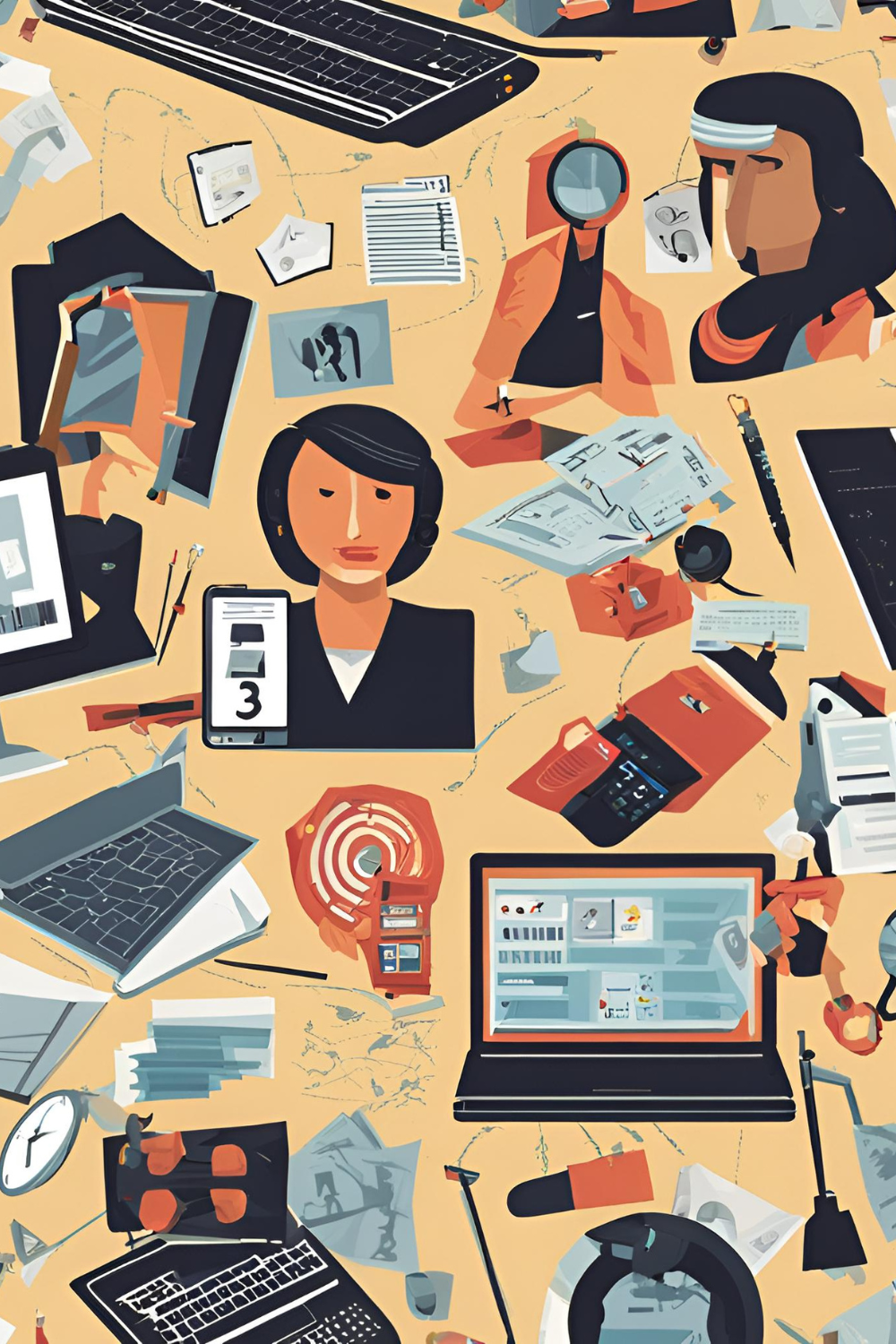 An abstract illustration featuring various tech gadgets, including laptops, tablets, smartphones, and security tools, with scattered paperwork and depictions of individuals wearing headsets and examining documents. They show a collage of How to Spot a Scam.