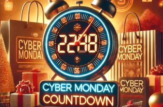 A digital clock showing a countdown to Cyber Monday, with bold numbers and shopping icons in the background, highlighting the urgency of online shopping.