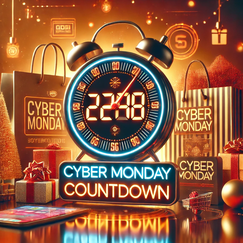 A digital clock showing a countdown to Cyber Monday, with bold numbers and shopping icons in the background, highlighting the urgency of online shopping.