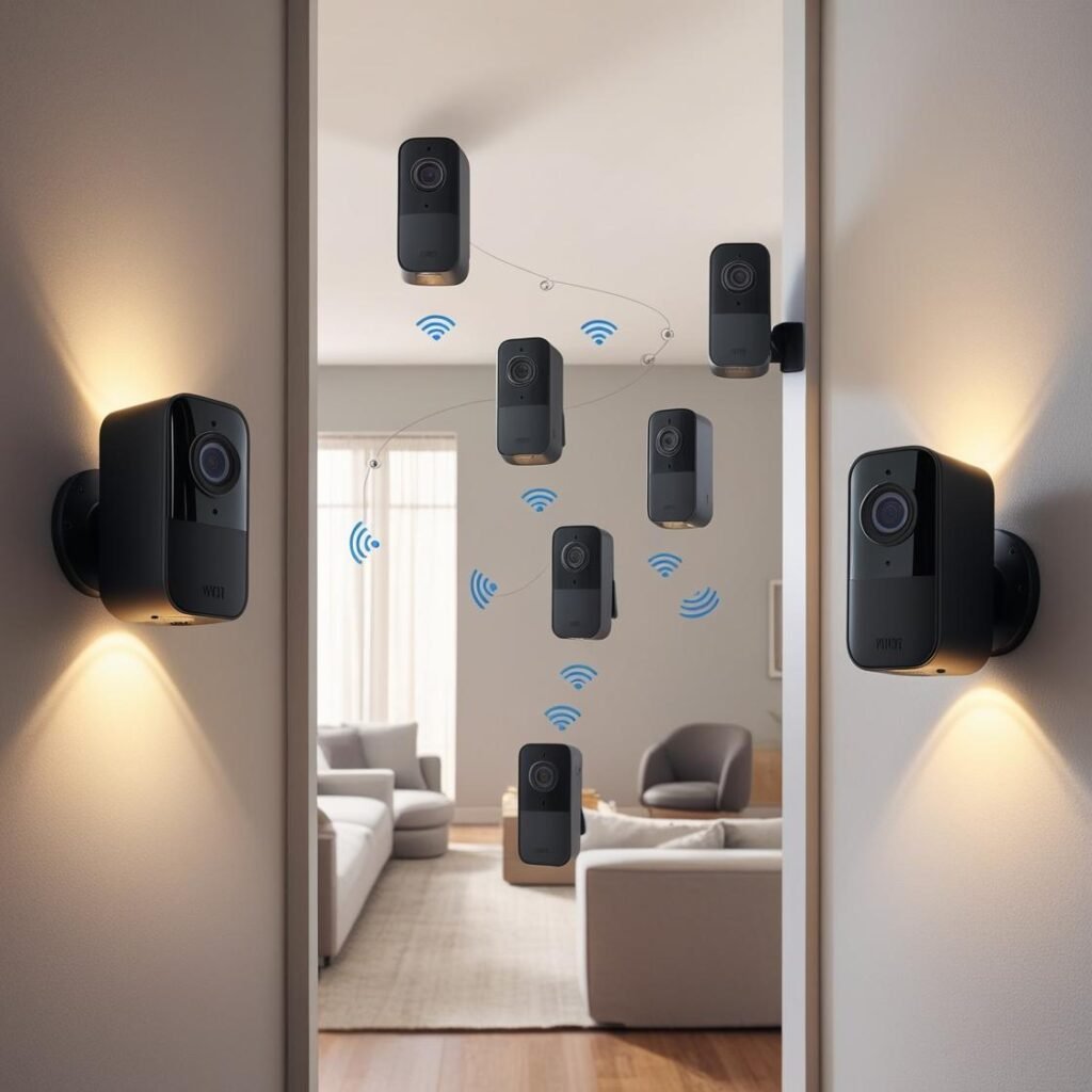 A well-lit room showcases multiple modern wireless indoor security cameras mounted on the walls.