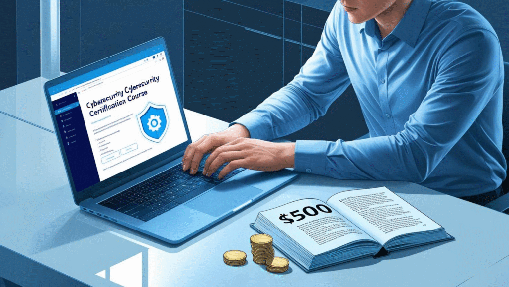 An illustrated person sits at a desk, focused on a laptop or book representing a certification course. A small stack of coins or a price tag (e.g., “$500”) beside them highlights the initial cost
