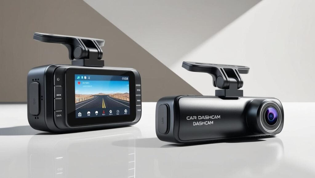 An image showing the front and the rear view of a dash cam for cars.