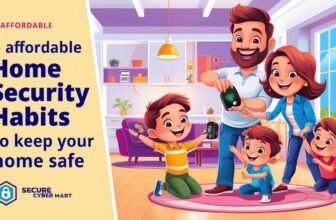 A cozy living room with a front door visible, showcasing a smart security camera and a well-lit exterior. A family being happy together.