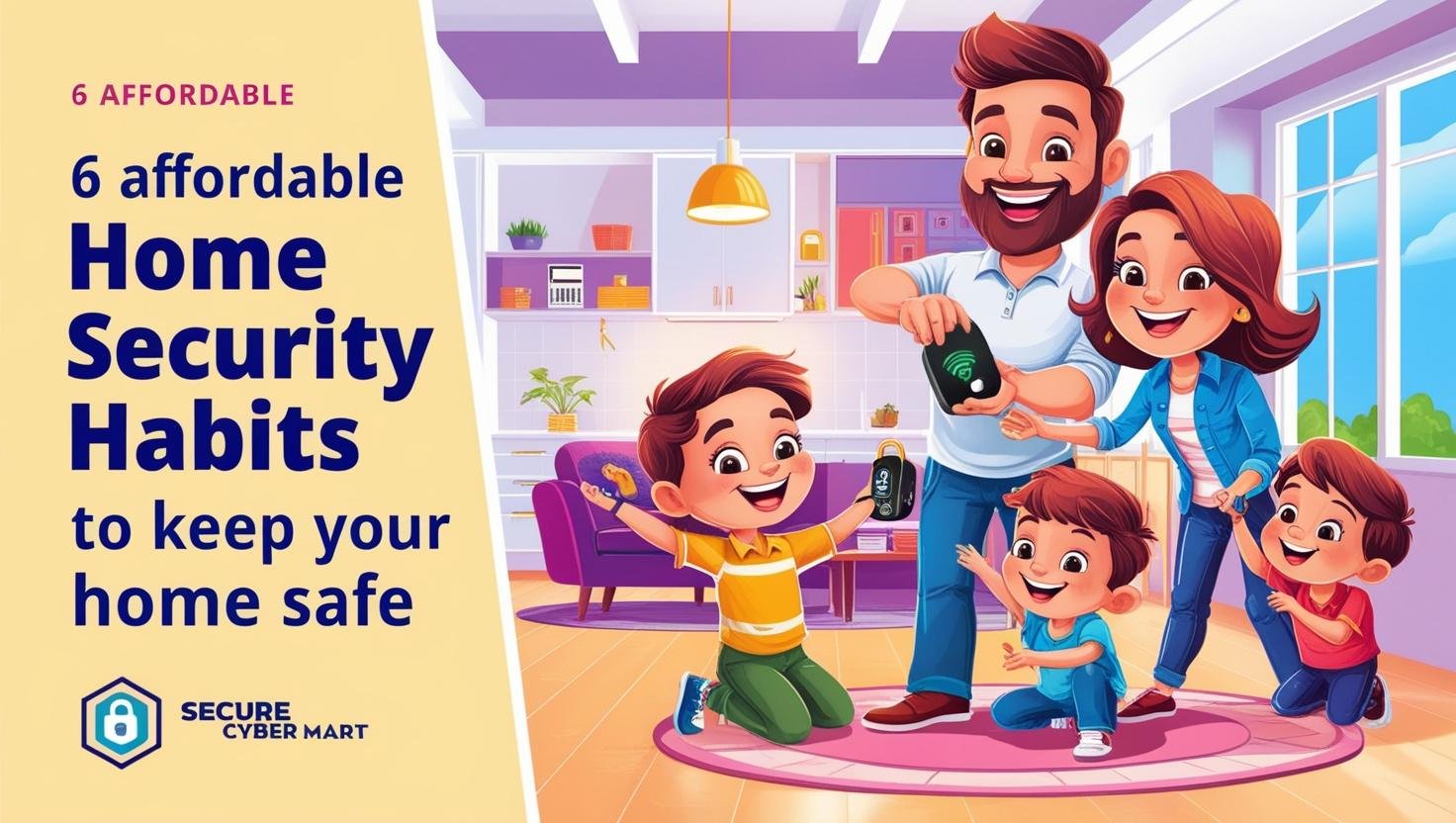A cozy living room with a front door visible, showcasing a smart security camera and a well-lit exterior. A family being happy together.
