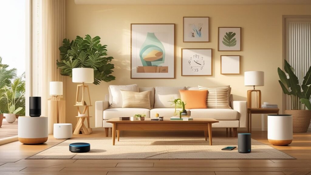 A modern living room showcasing a variety of smart home devices, including a sleek voice-activated speaker on a coffee table, smart light bulbs emitting a soft glow, and a digital thermostat mounted on the wall.
