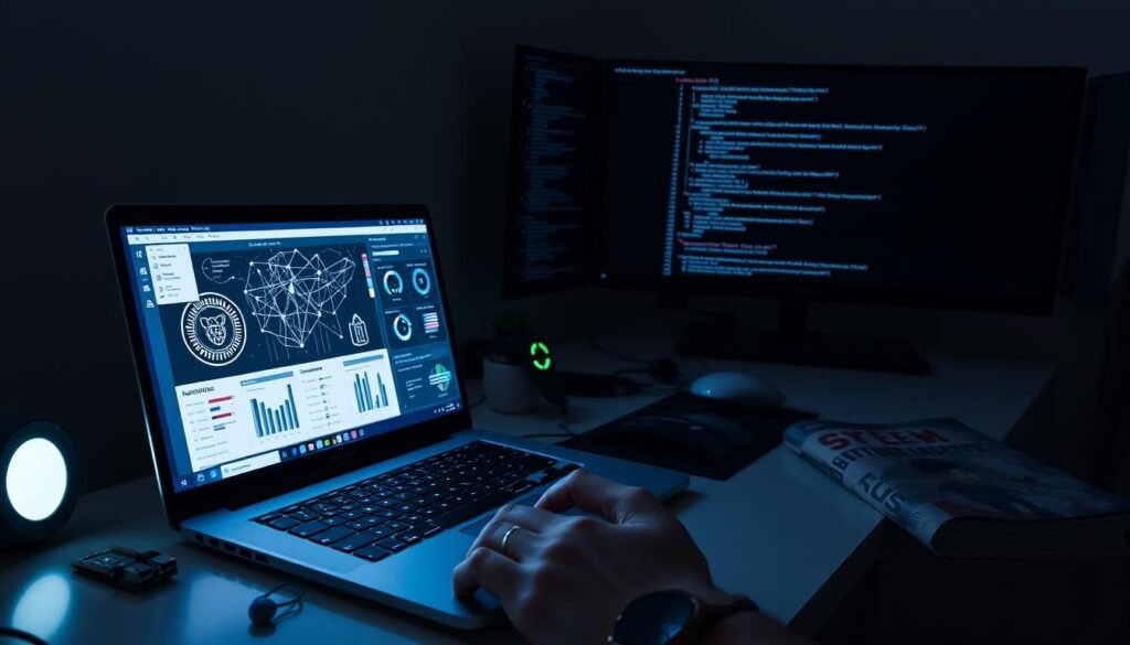 A dimly lit home office setup, with an array of cybersecurity tools arranged on a sleek, minimalist desk. In the foreground, a laptop displaying intricate network diagrams and security dashboards, its screen illuminating the workspace. Surrounding it, an arsenal of tools - a Raspberry Pi, a network sniffer, a Wi-Fi analyzer, and a cybersecurity textbook, all casting a soft, technical glow. In the background, a large monitor displays a complex command-line interface, suggesting the depth of the penetration testing process. The overall atmosphere is one of focused intensity, with the user's hands poised over the keyboard, ready to delve into the depths of the network's vulnerabilities.