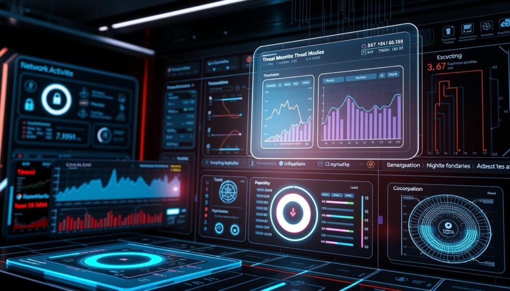 A high-tech cybersecurity dashboard with a sleek, futuristic design. In the foreground, a holographic display shows network activity and threat assessments, with customizable data visualizations. The middle ground features various security modules and tools, like encryption algorithms, threat detection algorithms, and AI-powered analysis. The background has a dark, moody ambiance with glowing neon-like accents, suggesting the cutting-edge, high-stakes nature of the cybersecurity landscape. The lighting is dramatic, with sharp contrasts and shadows, creating a sense of depth and urgency. The overall aesthetic is a balance of technical precision and ominous undertones, reflecting the delicate balance of offense and defense in the world of AI-enhanced cybersecurity.