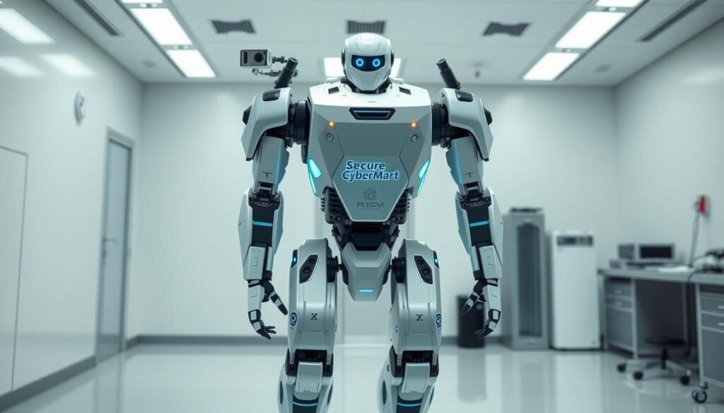 A highly advanced bipedal robot with the Secure Cyber Mart logo, standing in a clean, high-tech laboratory. Its humanoid frame is sleek and powerful, adorned with sensors, cameras, and protective armor plating. The robot's movements are smooth and deliberate, its body language conveying a sense of intelligence and vigilance. Bright, diffuse lighting illuminates the scene, casting soft shadows and highlighting the robot's intricate mechanisms. The background is minimalist, with white walls and a few pieces of specialized equipment, emphasizing the robot's central role. An aura of safety and security pervades the image, reflecting the robot's purpose of protecting humans from potential threats.