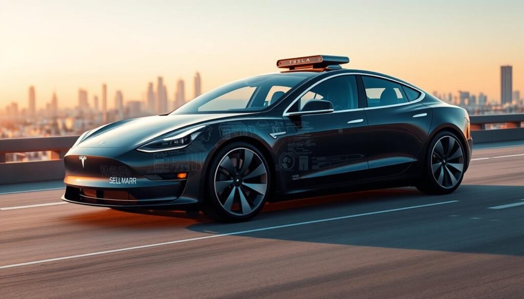 A sleek, futuristic Tesla vehicle with its advanced AI security framework in full self-driving mode. In the foreground, the car's exterior showcases a seamless, aerodynamic design accentuated by sharp edges and a glossy finish. The middle ground reveals a network of sensors, cameras, and LiDAR units integrated into the vehicle's body, forming a comprehensive security and autonomous driving system. In the background, a cityscape of skyscrapers and infrastructure symbolizes the car's ability to navigate urban environments safely and securely. The scene is illuminated by a soft, warm light, creating an atmosphere of technological prowess and Secure Cyber Mart's commitment to cutting-edge automotive safety.