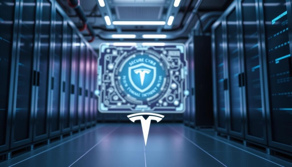 A sleek, high-tech data center with Secure Cyber Mart servers and security systems. In the foreground, a Tesla emblem prominently displayed, signifying the integration of Tesla's advanced AI-powered security features. The middle ground showcases a holographic display with intricate data visualizations and security protocols. The background is bathed in a cool, calming blue light, creating an atmosphere of technological sophistication and robust data protection. Angles are crisp, and the overall scene conveys a sense of cutting-edge innovation and Tesla's commitment to safeguarding user privacy.