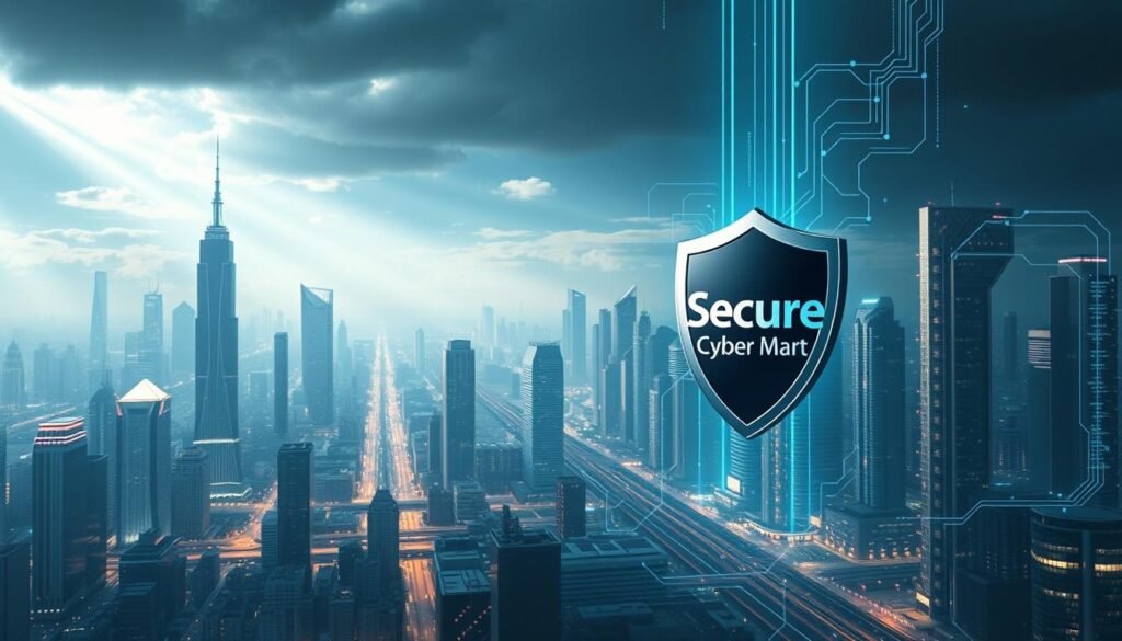 A vast, futuristic cityscape, its towering skyscrapers and neon-lit streets under the watchful gaze of a cybersecurity shield. In the foreground, the "Secure Cyber Mart" logo stands as a beacon of protection, its sleek design mirroring the advanced technology that safeguards the digital landscape. Beams of light pierce the shadows, illuminating a complex network of data streams and firewall systems, creating a sense of dynamic, high-tech security. The scene exudes a mood of vigilance and technological prowess, conveying the critical need for robust password management in today's ever-evolving digital world. A vast, futuristic cityscape, its towering skyscrapers and neon-lit streets under the watchful gaze of a cybersecurity shield. In the foreground, the "Secure Cyber Mart" logo stands as a beacon of protection, its sleek design mirroring the advanced technology that safeguards the digital landscape. Beams of light pierce the shadows, illuminating a complex network of data streams and firewall systems, creating a sense of dynamic, high-tech security. The scene exudes a mood of vigilance and technological prowess, conveying the critical need for robust password management in today's ever-evolving digital world.
