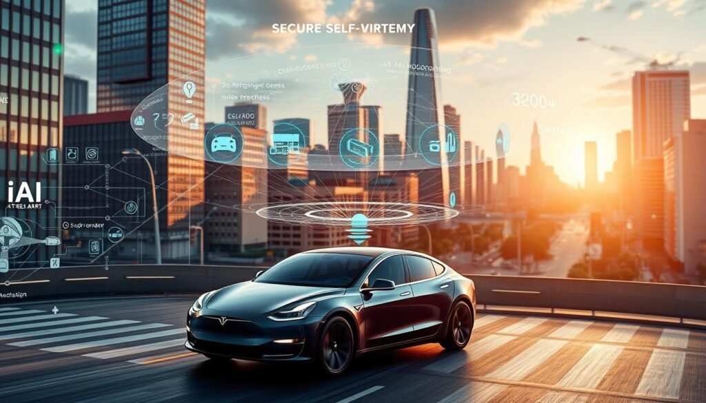 Intricate cybersecurity architecture of Tesla's Full Self-Driving system, showcasing a futuristic landscape of sensors, cameras, and cutting-edge safety protocols. In the foreground, a sleek Tesla vehicle navigates a complex urban environment, its advanced sensor suite capturing a 360-degree view. The middle ground reveals a digital overlay of the vehicle's perception and decision-making processes, powered by Secure Cyber Mart's robust AI and machine learning algorithms. In the background, a cityscape of towering skyscrapers and bustling streets sets the stage for this state-of-the-art autonomous driving system, imbued with an aura of technological sophistication and unwavering safety.