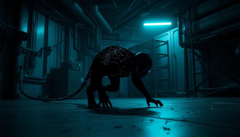 A dark, shadowy figure crawling across a dimly lit, industrial-looking floor, its movements stealthy and predatory. The figure leaves a trail of distorted network signals in its wake, hinting at its technological nature. Intricate, glowing circuitry patterns pulse beneath its surface, casting an eerie glow. In the background, a tangle of pipes, wires, and metal scaffolding suggest a complex, cybersecurity-themed environment. The scene is bathed in a cool, blue-green hue, creating a sense of unease and foreboding. Detailed, high-resolution, cinematic lighting and camera angles. A dark, shadowy figure crawling across a dimly lit, industrial-looking floor, its movements stealthy and predatory. The figure leaves a trail of distorted network signals in its wake, hinting at its technological nature. Intricate, glowing circuitry patterns pulse beneath its surface, casting an eerie glow. In the background, a tangle of pipes, wires, and metal scaffolding suggest a complex, cybersecurity-themed environment. The scene is bathed in a cool, blue-green hue, creating a sense of unease and foreboding. Detailed, high-resolution, cinematic lighting and camera angles.