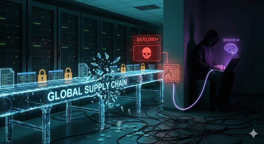 A digital illustration set in a server room showing a hooded figure using a laptop labeled "SHADOW AI" to bypass a firewall and disrupt a holographic "GLOBAL SUPPLY CHAIN" conveyor belt, causing it to shatter and displaying a warning of financial loss, visualizing Shadow AI and Supply Chain security risks.