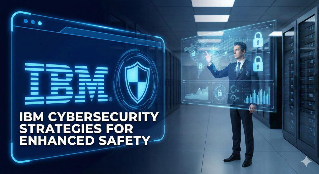A man in a suit stands in a server room, gesturing towards a large, glowing blue holographic screen that displays the IBM logo and the text "IBM CYBERSECURITY STRATEGIES FOR ENHANCED SAFETY" alongside a shield icon. To his right, a smaller holographic display shows global maps, data charts, and padlock symbols, illustrating digital security measures.