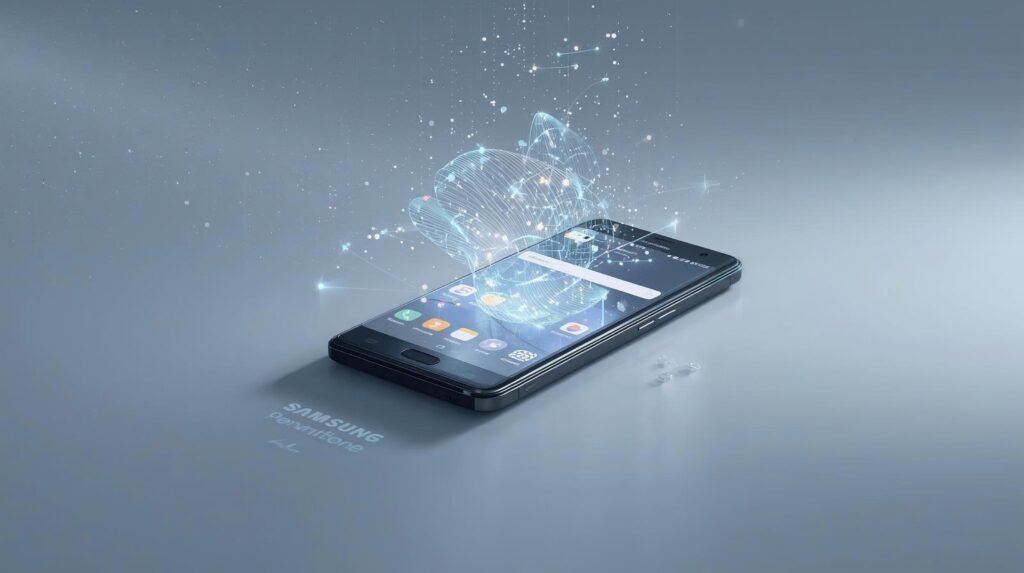 A sleek, dark Samsung smartphone lying flat on a minimalist grey surface. A complex, glowing blue holographic structure made of digital lines and glowing particles is emerging upward from the phone's screen, symbolizing advanced artificial intelligence.