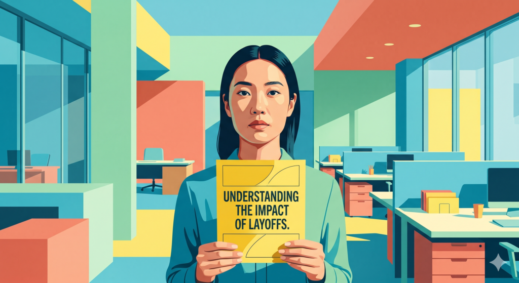 Alt Description: A stylized illustration of a woman in a pastel office environment, holding a sign about understanding AI job displacement. The image uses simple vector shapes and vibrant colors, including turquoise, pink, yellow, and green, to create a modern and visually appealing composition.