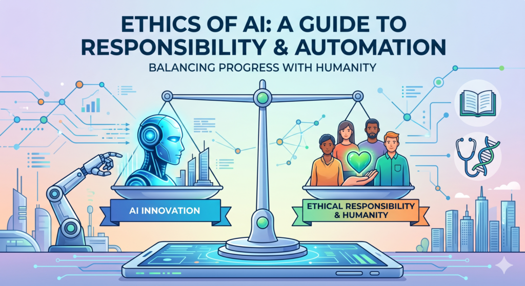 Illustration depicting the ethics of AI, featuring a balance scale weighing AI innovation against a diverse group of people representing ethical responsibility, with icons for education and healthcare.