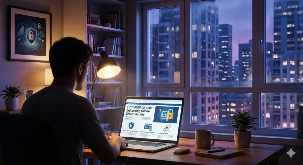 A photograph from behind of a man in a t-shirt sitting at a wooden desk and working on a laptop. The laptop screen displays a webpage titled "E-COMMERCE NEWS: Enhancing Online Store Security" with icons of a padlock, credit card, and links. A lit desk lamp sits beside the laptop, and a large window behind him shows a city skyline at dusk with lights and rain. A framed picture with a security shield is on the wall.
