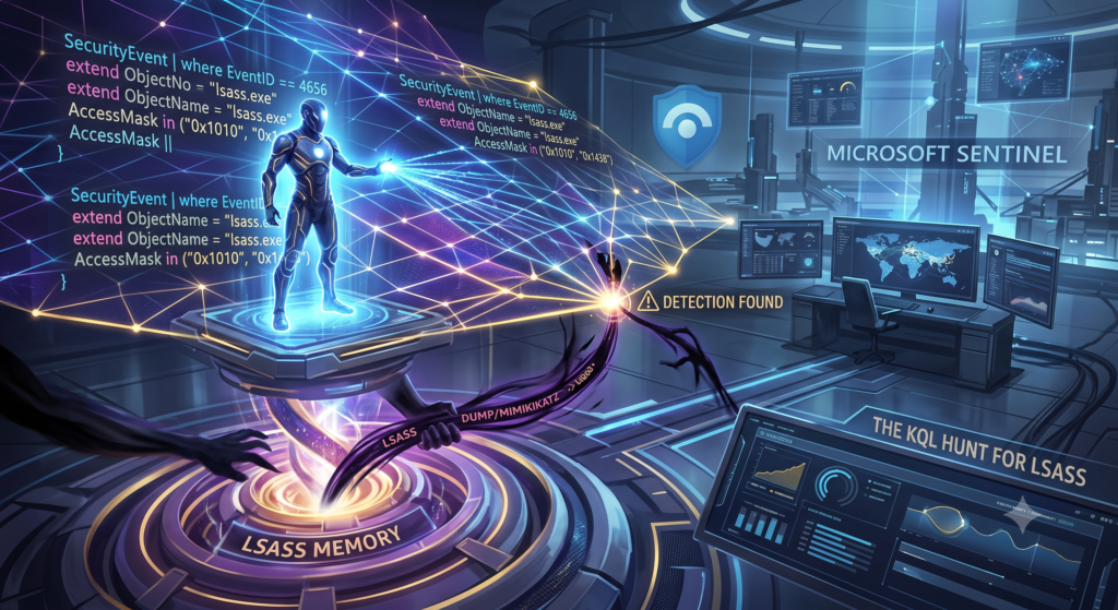 A digital threat hunter using an advanced analytical grid powered by KQL code to intercept and capture a malicious extraction thread labeled 'LSASS Memory Dump' in a futuristic SOC environment, visualizing the detection of LSASS dumping.