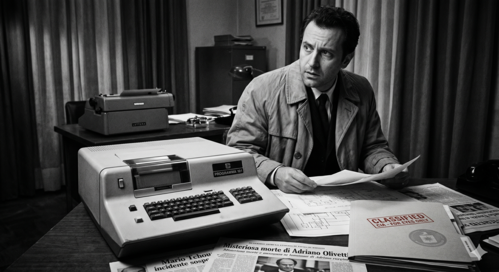 A tense, vintage black and white photograph of an anxious man in a trench coat sitting at a desk, featuring a prominent Olivetti Programma 101 desktop computer. He is examining classified documents and newspapers with headlines about suspicious deaths, pointing directly to an Olivetti computer conspiracy and Olivetti computer mystery. A folder stamped 'CLASSIFIED CIA' on his desk suggests an Olivetti CIA cover-up. The scene captures the high-stakes intrigue surrounding Italy's lost computing pioneer.