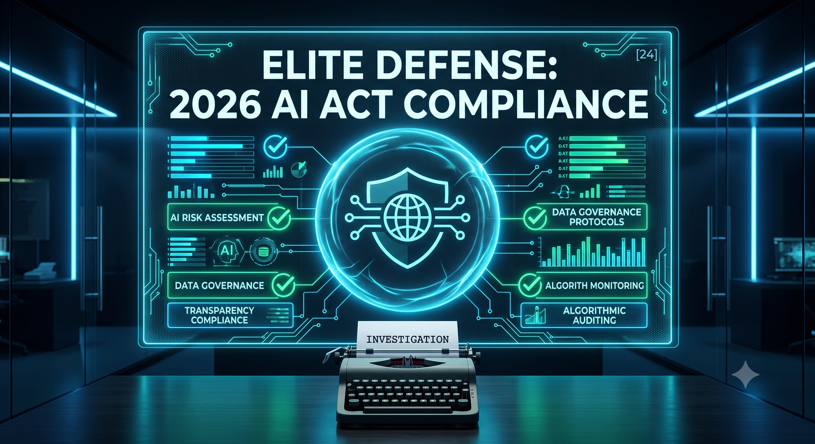 A visual representation of data security related to EU AI Act compliance 2026, utilizing a neon tech-futurism aesthetic against a "Dark Mode" background. The imagery features neon cyan circuitry representing digital intelligence surrounding a minimalist shield icon that contains a central globe, symbolizing global connectivity secured by integrated logic. An analog typewriter artifact with the word "INVESTIGATION" typed out provides a cognitive bridge between modern data hunting and classical detective work.