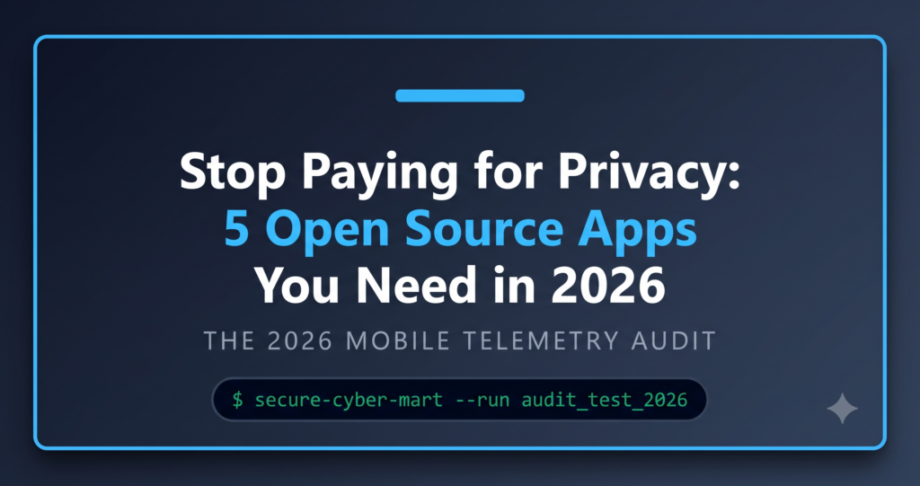 An illustrative blog header graphic with a deep blue gradient background and cyan borders. Bold white and cyan text reads: "Stop Paying for Privacy: 5 Open Source Apps You Need in 2026". Below this, a sub-title reads: "THE 2026 MOBILE TELEMETRY AUDIT". At the bottom, a stylized terminal prompt with green text reads: "$ secure-cyber-mart --run audit_test_2026.
