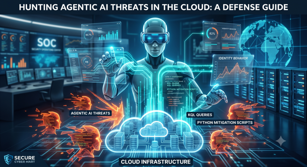 Threat hunter in a Security Operations Center analyzing glowing KQL queries and Python mitigation scripts on a virtual cloud infrastructure interface to block Agentic AI cloud threats and AI cyber attacks.