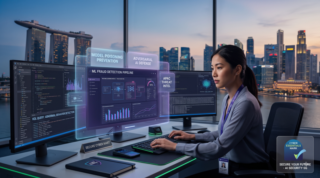 An illustration of an AI Security SG dashboard for a Fraud ML Specialist in Cybersecurity Singapore, depicting Agentic AI Defense, APAC Threat Intel, and Machine Learning Security analysis of cyber threats.