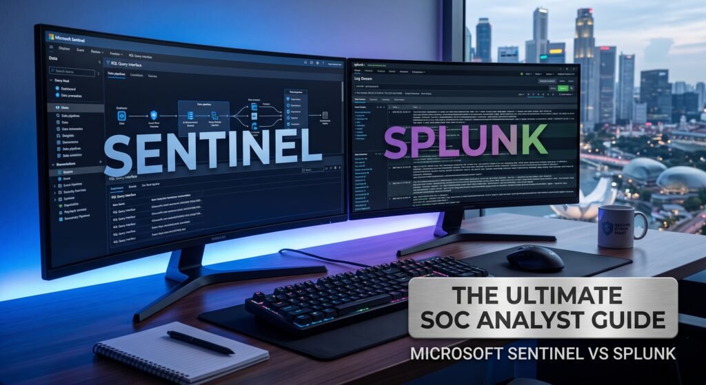A desk setup with two curved monitors displaying the Microsoft Sentinel and Splunk platforms side-by-side. In the foreground, a card clearly reads, "The Ultimate SOC Analyst Guide: Microsoft Sentinel vs Splunk," with a Secure CyberMart mug visible against a city skyline background.