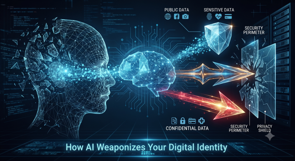 A glowing digital profile outline facing an artificial intelligence brain, with data streams representing public, sensitive, and confidential information breaking through a security perimeter.
