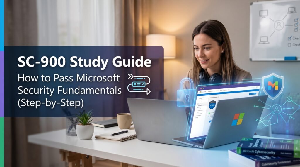 A woman studying at a bright desk with two laptops surrounded by glowing digital security locks, shields, and network icons, featuring a dark overlay text box that reads: SC-900 Study Guide: How to Pass Microsoft Security Fundamentals (Step-by-Step).