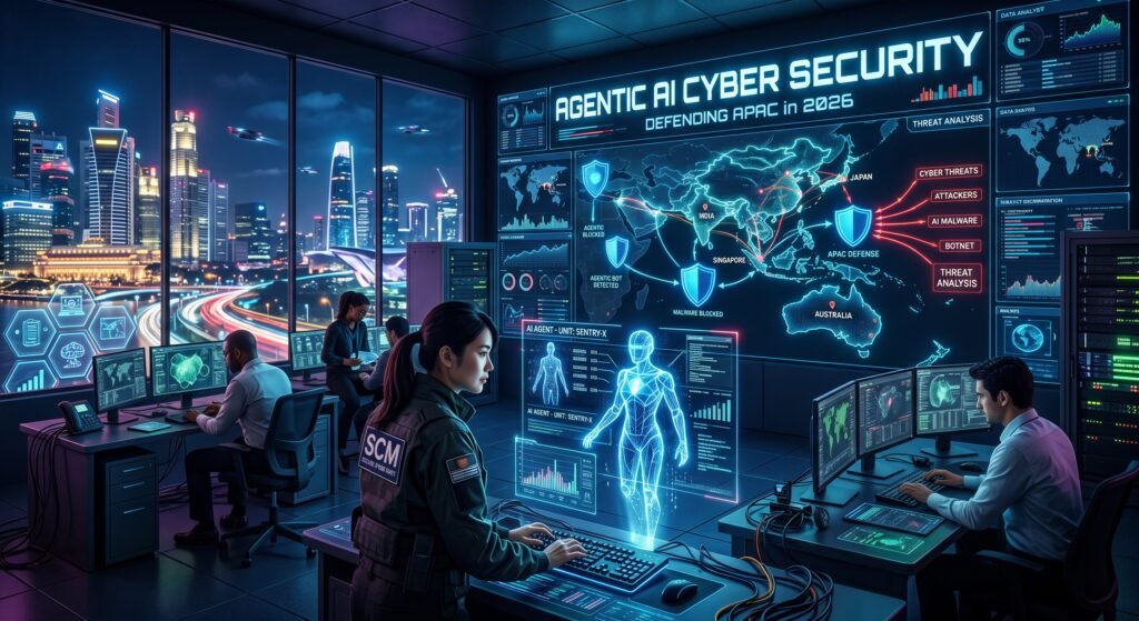 SOC team leveraging an agentic-ai-cyber-security architecture to monitor holographic telemetry and defend APAC networks against autonomous threats.